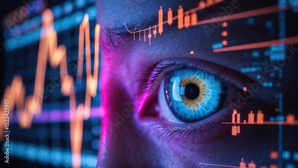 Obraz A close-up of a human eye with a colorful iris, overlaid with bright financial charts and graphs, conveying themes of finance and insight
