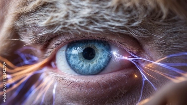 Obraz Close-up of a human eye with vibrant blue iris and electric energy patterns around the pupil, conveying a sense of connection