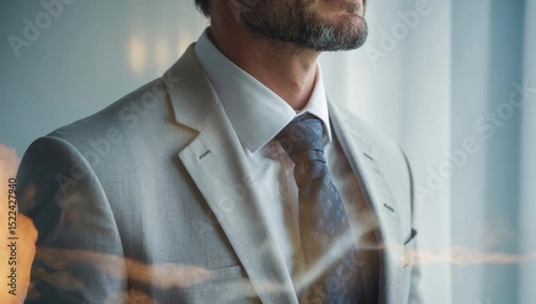 Obraz Close-up portrait of a man in a light gray suit, exuding confidence and sophistication with soft lighting and a blurred background