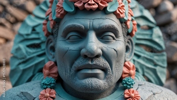 Obraz Close-up of a turquoise sculpture featuring a stern facial expression adorned with floral accents, surrounded by textured stones