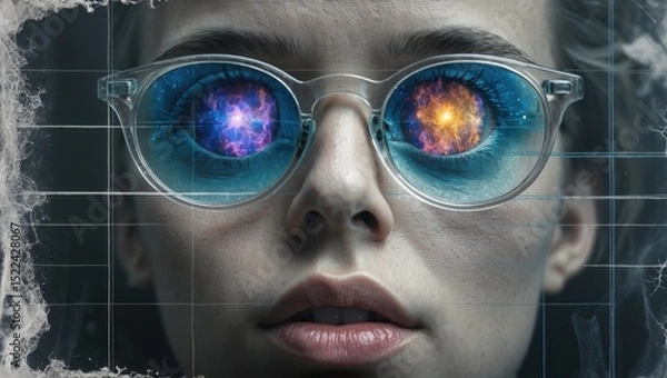 Obraz Close-up of a woman wearing futuristic glasses reflecting a cosmic view, with vibrant colors and a dreamy ambiance