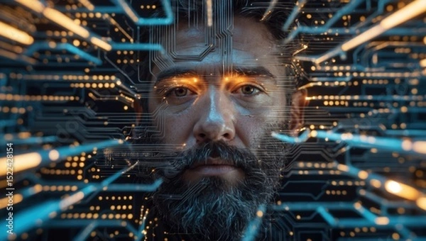Obraz Close-up portrait of a man with a beard surrounded by glowing circuit patterns and digital light effects