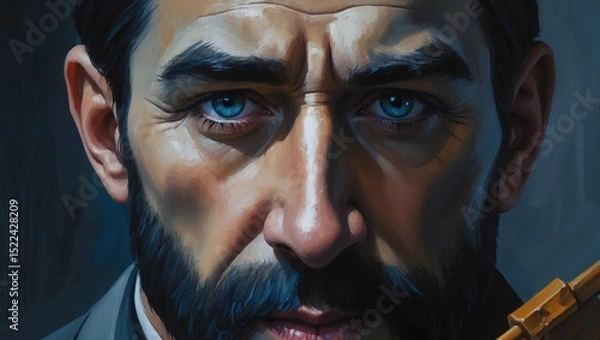 Obraz A close-up portrait of a man with a serious expression, showcasing intense blue eyes and a well-groomed beard, holding a firearm