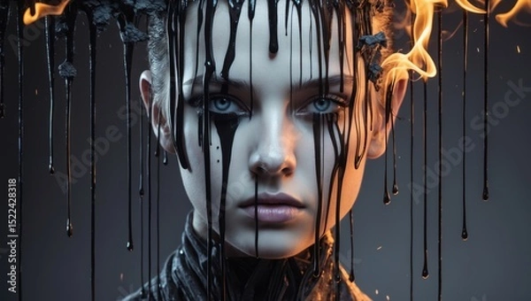 Obraz A striking portrait of a young woman with dramatic facial paint and flowing black liquid merging with fire, blending emotions