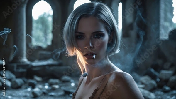 Obraz A captivating portrait of a woman with short hair, smoke swirling around her in an abandoned environment, evoking a sense of mystery