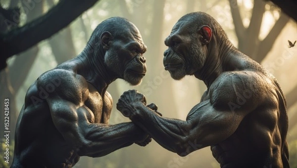 Obraz Dramatic scene of two muscular gorillas in a fierce standoff amidst a misty forest, highlighting their intense expressions and powerful build