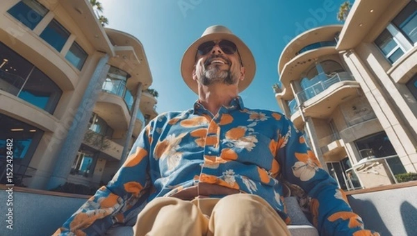 Obraz A smiling elderly man in a colorful floral shirt and a sun hat relaxing outdoors in a sunny environment with contemporary buildings in the