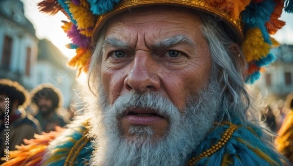 Obraz An elderly man with a vibrant, colorful headdress and intense expression, surrounded by blurred festival scenes
