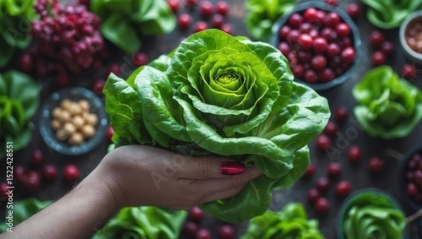Obraz Fresh green lettuce held in hand surrounded by various fruits and nuts on a rustic wooden background