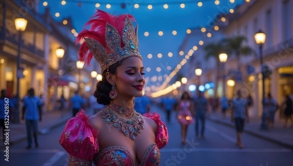 Obraz A beautiful woman in an elaborate feathered costume stands confidently in a vibrant street adorned with festive lights at dusk