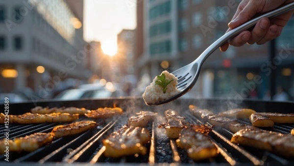 Obraz A hand holding a fork gracefully adds garnish to grilled vegetables as sunlight sets in an urban environment