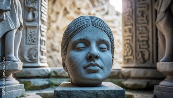 Obraz Intricate stone sculpture of a serene woman's face in an ancient architectural setting with carved columns