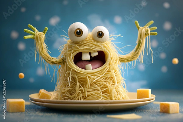 Obraz Silly food monster character made of spaghetti nest body, meatball eyes, zucchini arms, and cheese teeth, served on a comic-themed kids' plate with fun background.