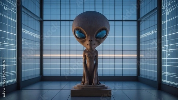 Obraz A large alien figure with oversized eyes displayed in a futuristic interior space with glass walls