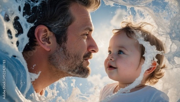 Obraz Father and baby sharing a joyful moment at the beach, surrounded by ocean waves and sunlight