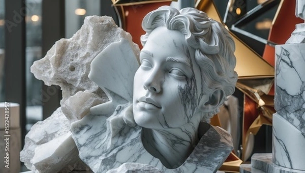 Obraz A detailed marble sculpture of a woman's head surrounded by abstract shapes and modern art elements in a contemporary setting