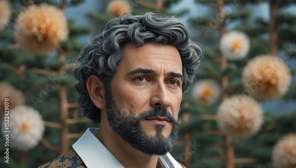 Obraz Portrait of a distinguished man with curly hair and a beard amidst a serene nature background featuring fluffy flowers and trees