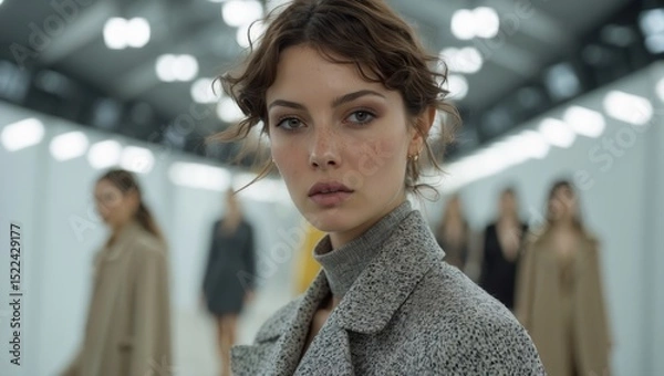 Obraz Portrait of a young woman with natural makeup wearing a stylish coat in a modern runway setting with blurred figures in the background
