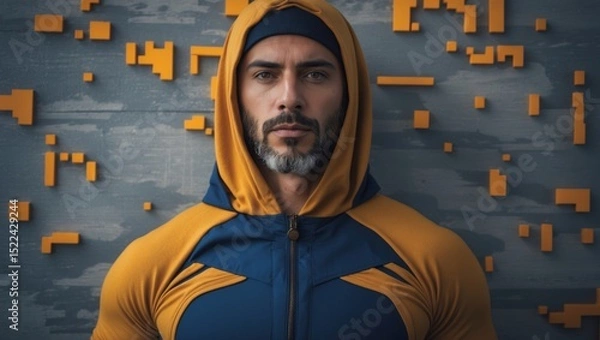 Obraz Portrait of a muscular man in a hooded jacket with an abstract orange and gray backdrop, exuding confidence and intensity