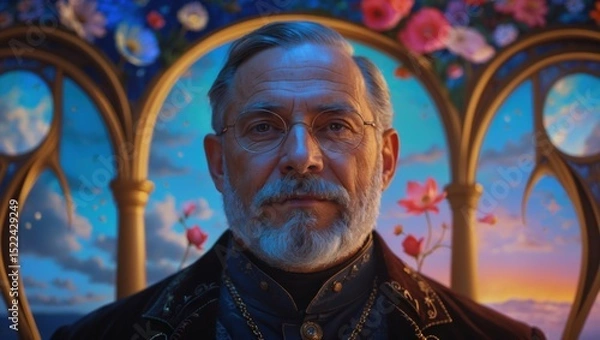 Obraz Portrait of a middle-aged man with a gray beard and glasses in an ornate setting, surrounded by vibrant floral designs and a sunset backdrop