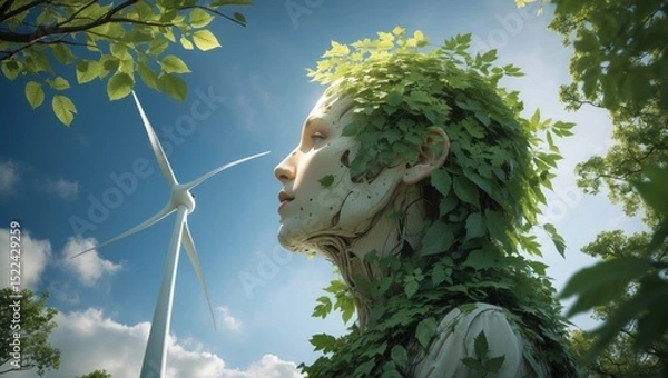 Obraz A serene figure adorned with lush greenery, standing against a backdrop of a wind turbine under a bright blue sky, symbolizing harmony between nature