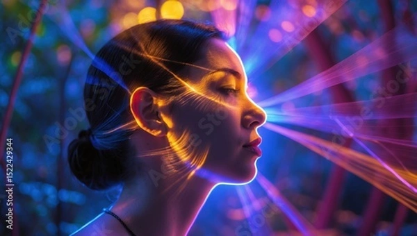 Obraz A serene profile of a woman illuminated by colorful light rays, creating a vibrant atmosphere in a mystical setting