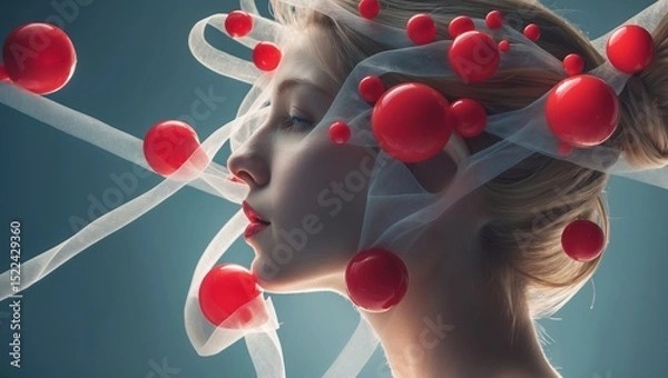 Obraz Profile of a woman with elegant hair adorned with red spheres and flowing white fabric, creating a dreamy atmosphere