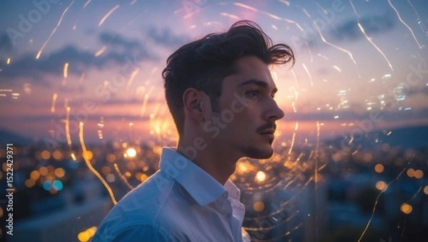 Obraz Profile of a young man against a vibrant city sunset, with glowing light swirls creating a dreamy atmosphere