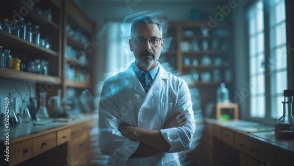 Obraz Serious male scientist in a laboratory, wearing a white lab coat with arms crossed, surrounded by scientific equipment and glassware, blue light