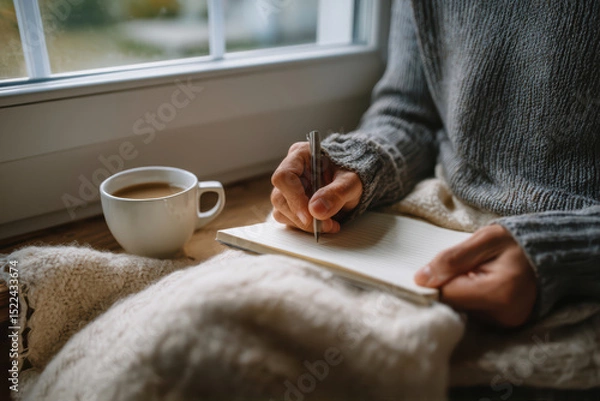 Fototapeta Young man journaling with tea by the window in soft light