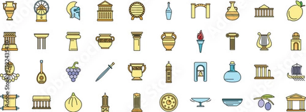 Fototapeta Set of colorful icons representing various aspects of ancient greece, including architecture, mythology, food, music and objects