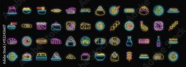 Fototapeta Colorful neon icons representing various japanese dishes, creating a vibrant and eye catching display