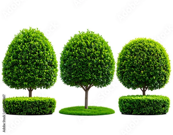 Obraz Three meticulously trimmed topiary shrubs, two in low hedges, one with grass base