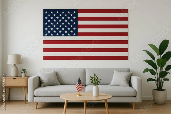 Obraz Happy 4th of July, independence day of USA.  living room with sofa and American flag on wall. 