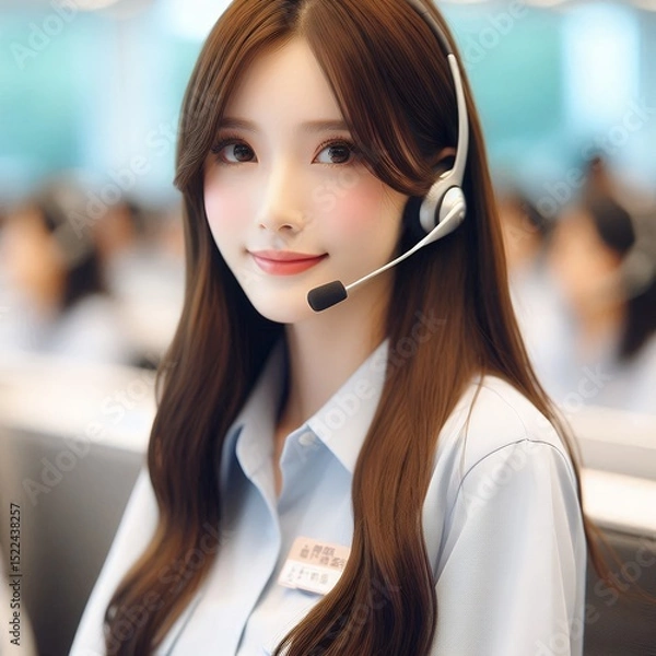 Fototapeta Professional Asian Female Call Center Operator in Uniform with Headset for Customer Service and Support Concept with Generative AI.
