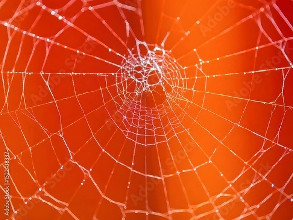 Obraz Close up view of a delicate spider web against a warm orange background