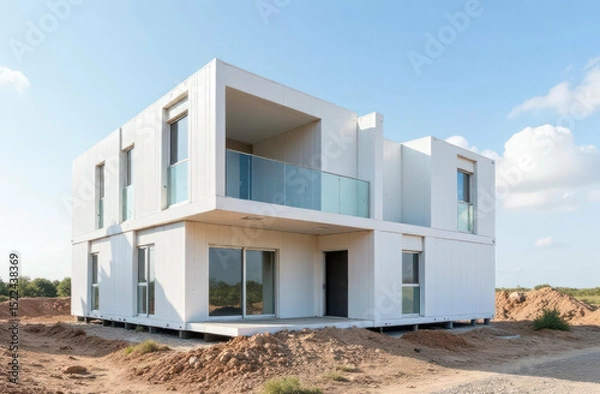 Obraz modular construction. modular home construction site with white prefabricated structure under clear sky