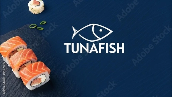Fototapeta Modern logo with a small, minimal tuna icon above the word ?TUNAFISH? on a deep navy blue background.