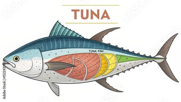 Fototapeta Educational infographic showing the segmented parts of a tuna fish for culinary or scientific reference.
