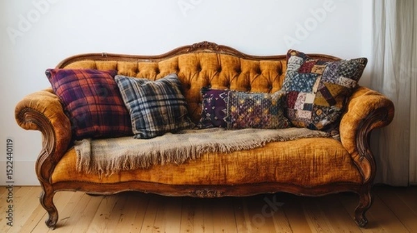 Fototapeta Rustic vintage couch with distressed fabric and patchwork pillows, staged in a countryside living room