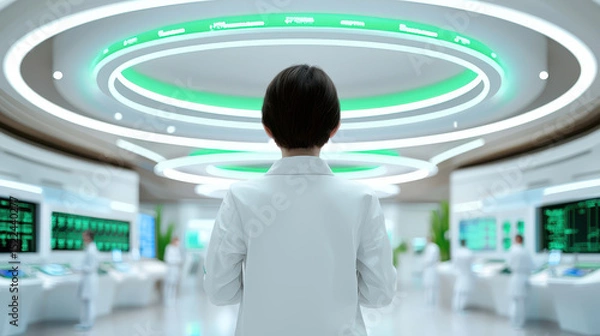 Fototapeta Person in lab coat stands in modern laboratory with advanced technology and glowing circular lights. atmosphere is futuristic and innovative