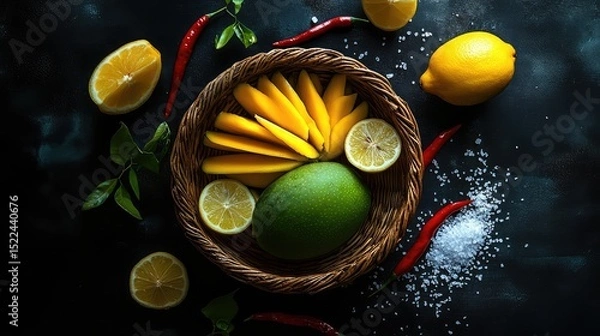 Fototapeta Top-down shot of green mango and lemon slices in a round basket surrounded by fresh chili and salt