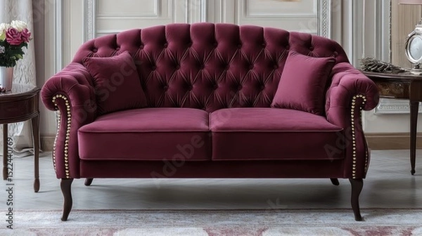 Fototapeta Tufted vintage loveseat in rich maroon with brass studs and velvet texture, staged in an elegant hall