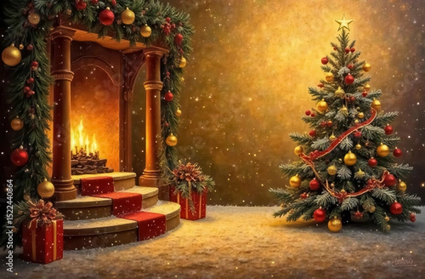 Obraz A Christmas tree decorated with red and gold balls stands by the fireplace with gifts, creating a New Year's atmosphere.