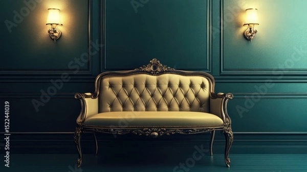 Fototapeta Vintage settee with ornate trim and tufted back, resting in an empty hallway with moody lighting
