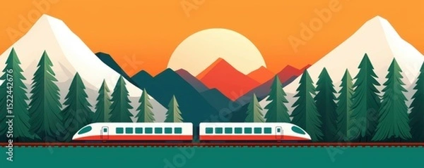 Fototapeta A modern train travels through a scenic landscape with pine trees, mountains, and a setting sun in the background.