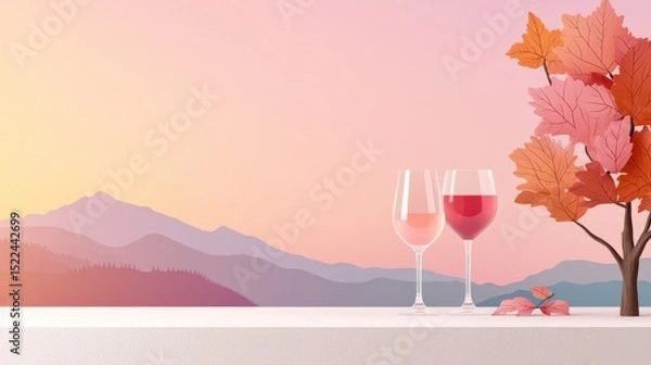 Fototapeta Two wine glasses and an autumn branch are set against a pastel mountain sunset, creating a serene and romantic atmosphere.