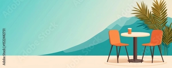 Fototapeta A minimalist outdoor cafe scene with two orange chairs, a round table, a drink, palm leaves, and mountain scenery in the background.