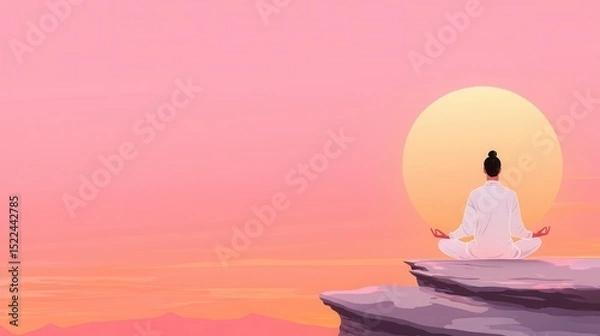 Fototapeta A person meditates on a cliff at sunset, facing a large sun against a serene pink sky, embodying peace and mindfulness.