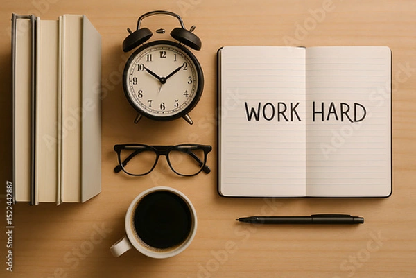 Obraz study productive table with alarm clock coffee glassesbook and notebook